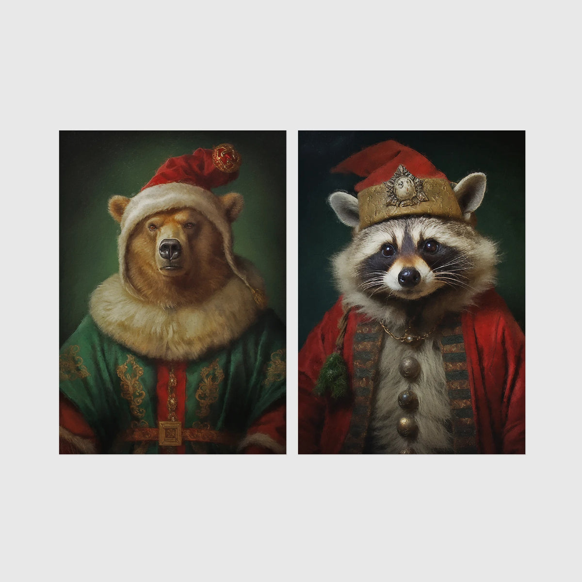 Set of 2 framed prints, animals in festive Christmas dress: a bear in a festive green and gold robe with a fur-trimmed hat; and a raccoon in a festive red robe with a crown hat — unframed