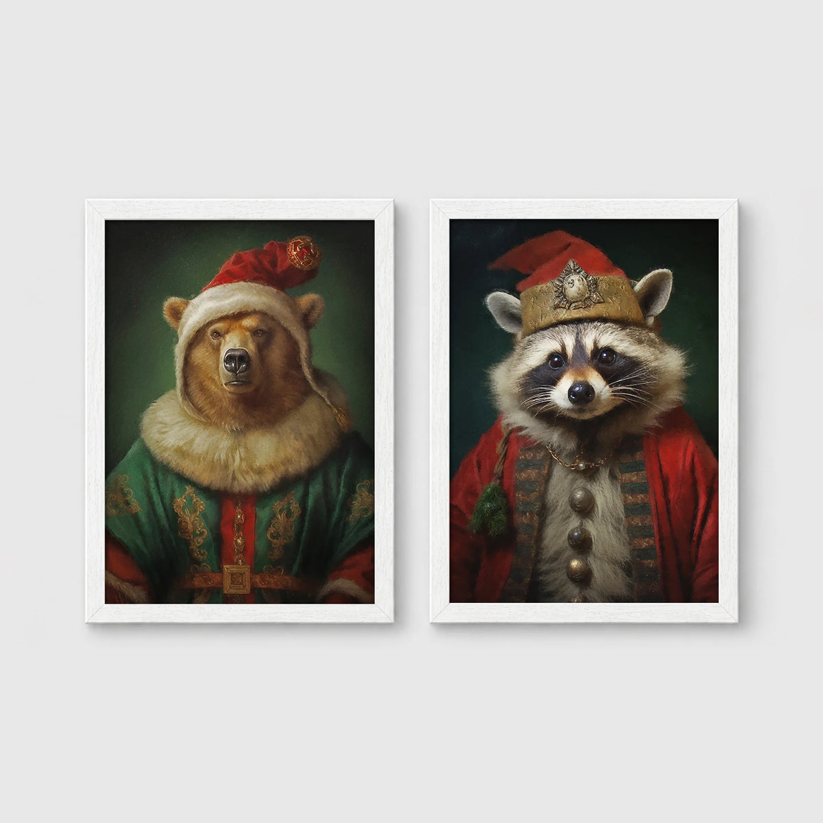Set of 2 framed prints, animals in festive Christmas dress: a bear in a festive green and gold robe with a fur-trimmed hat; and a raccoon in a festive red robe with a crown hat — unframed