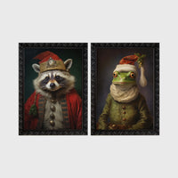 Set of 2 framed prints, animals in festive Christmas dress: a raccoon in a festive red robe and hat; and a frog in a green festive outfit with a Santa-style hat — unframed