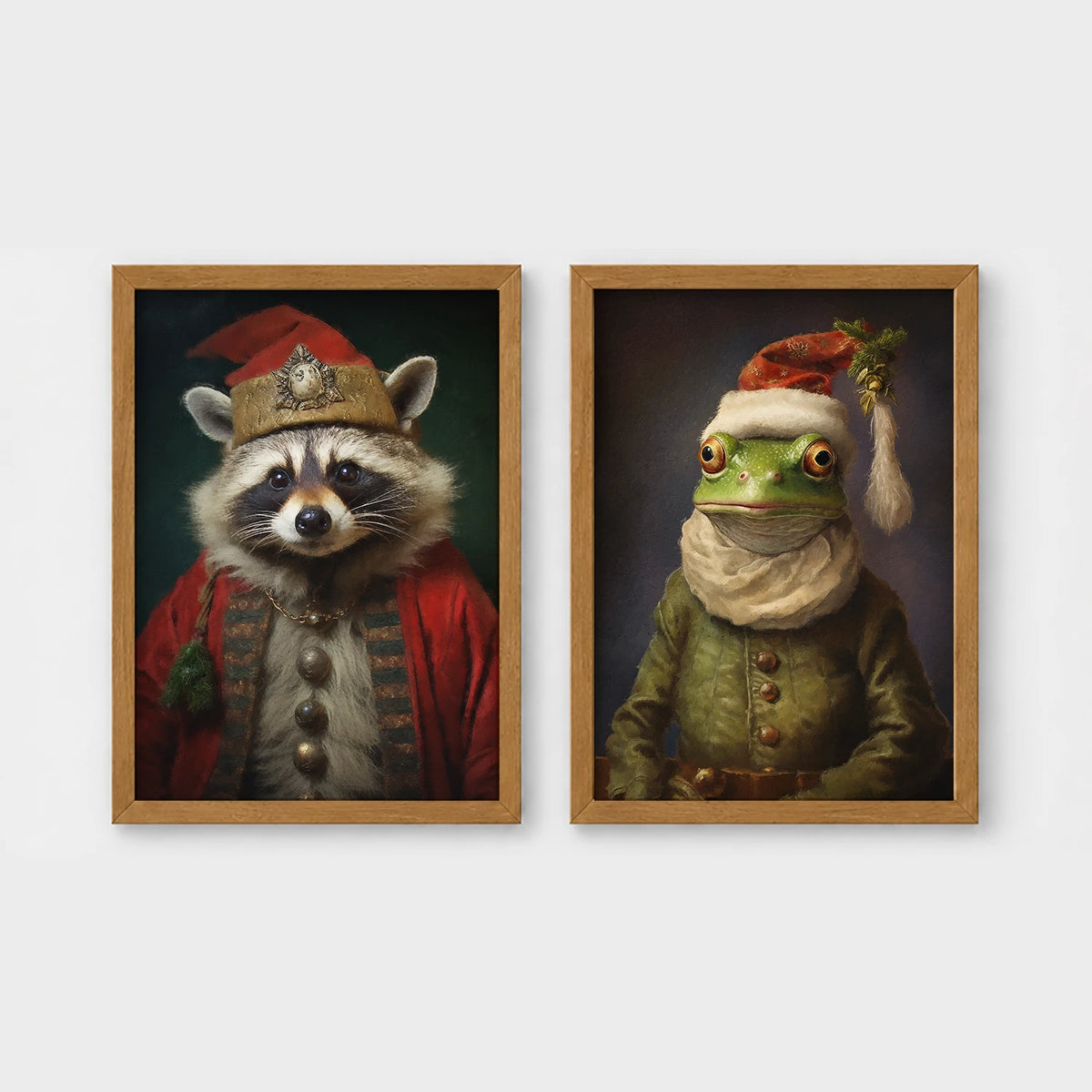 Set of 2 framed prints, animals in festive Christmas dress: a raccoon in a festive red robe and hat; and a frog in a green festive outfit with a Santa-style hat — unframed