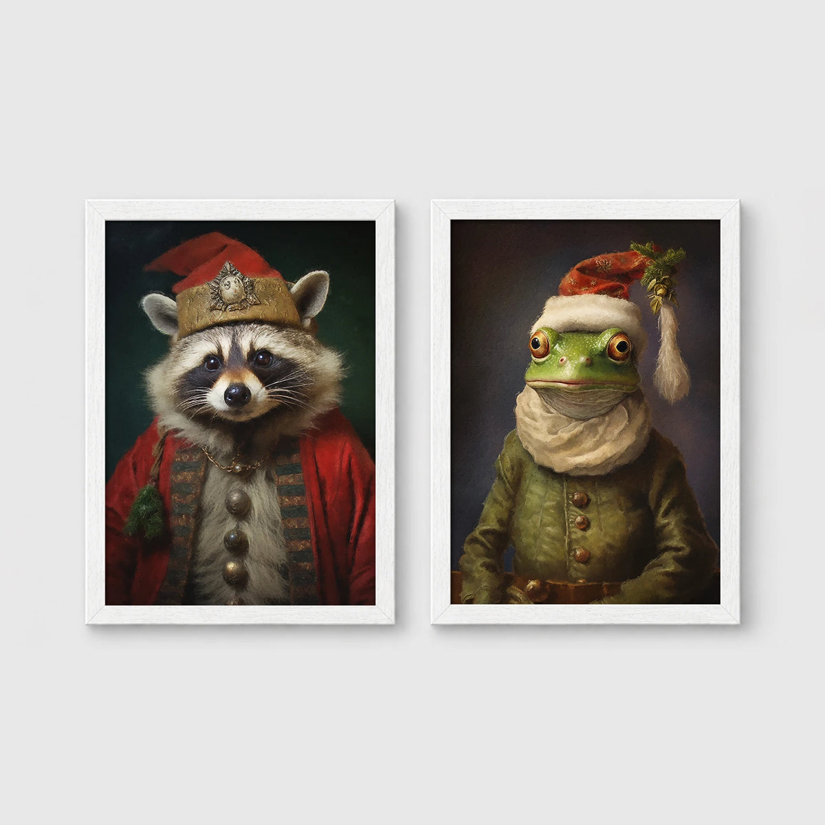 Set of 2 framed prints, animals in festive Christmas dress: a raccoon in a festive red robe and hat; and a frog in a green festive outfit with a Santa-style hat — unframed