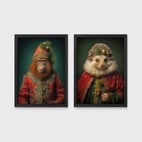 Set of 2 framed prints, animals in festive Christmas dress: an orangutan in a festive red and green robe with a holiday hat; and a hedgehog in a festive red and green robe with a holiday hat — unframed