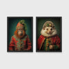 Set of 2 framed prints, animals in festive Christmas dress: an orangutan in a festive red and green robe with a holiday hat; and a hedgehog in a festive red and green robe with a holiday hat — unframed