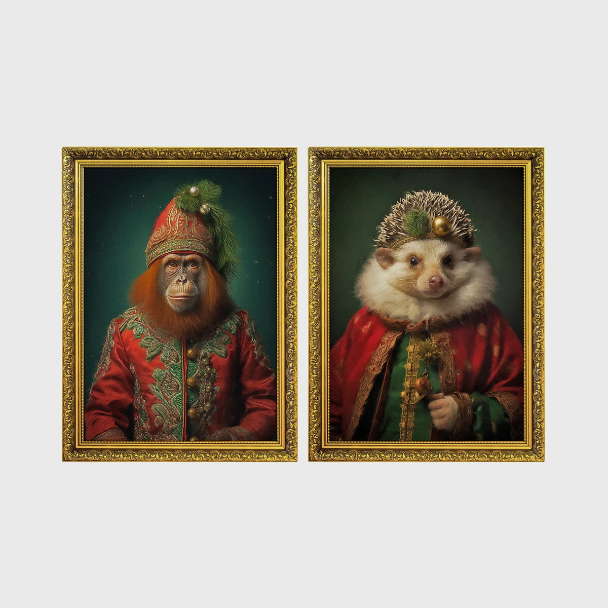 Set of 2 framed prints, animals in festive Christmas dress: an orangutan in a festive red and green robe with a holiday hat; and a hedgehog in a festive red and green robe with a holiday hat — unframed