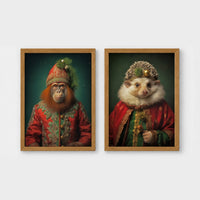 Set of 2 framed prints, animals in festive Christmas dress: an orangutan in a festive red and green robe with a holiday hat; and a hedgehog in a festive red and green robe with a holiday hat — unframed