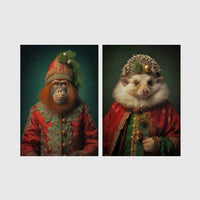 Set of 2 framed prints, animals in festive Christmas dress: an orangutan in a festive red and green robe with a holiday hat; and a hedgehog in a festive red and green robe with a holiday hat — unframed