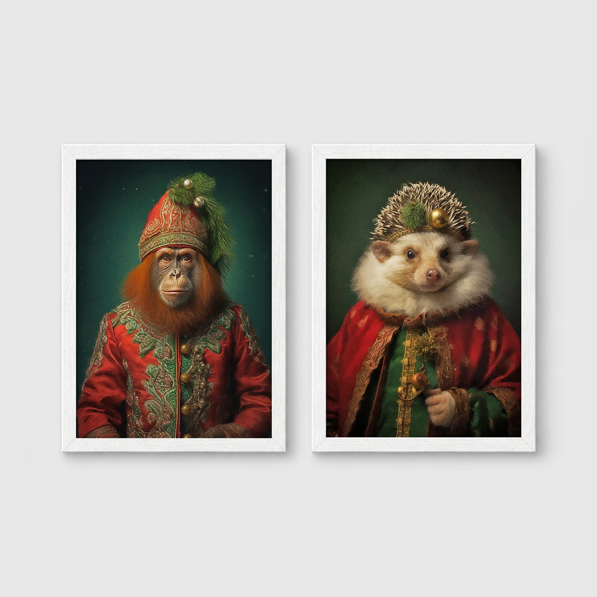 Set of 2 framed prints, animals in festive Christmas dress: an orangutan in a festive red and green robe with a holiday hat; and a hedgehog in a festive red and green robe with a holiday hat — unframed