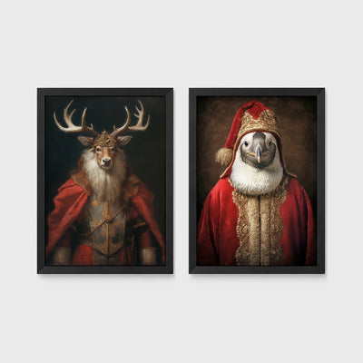 Set of 2 framed prints, animals in festive Christmas dress: a stag in a crowned festive red velvet robe; and a bird in a Santa-style red and gold robe with a hat — unframed