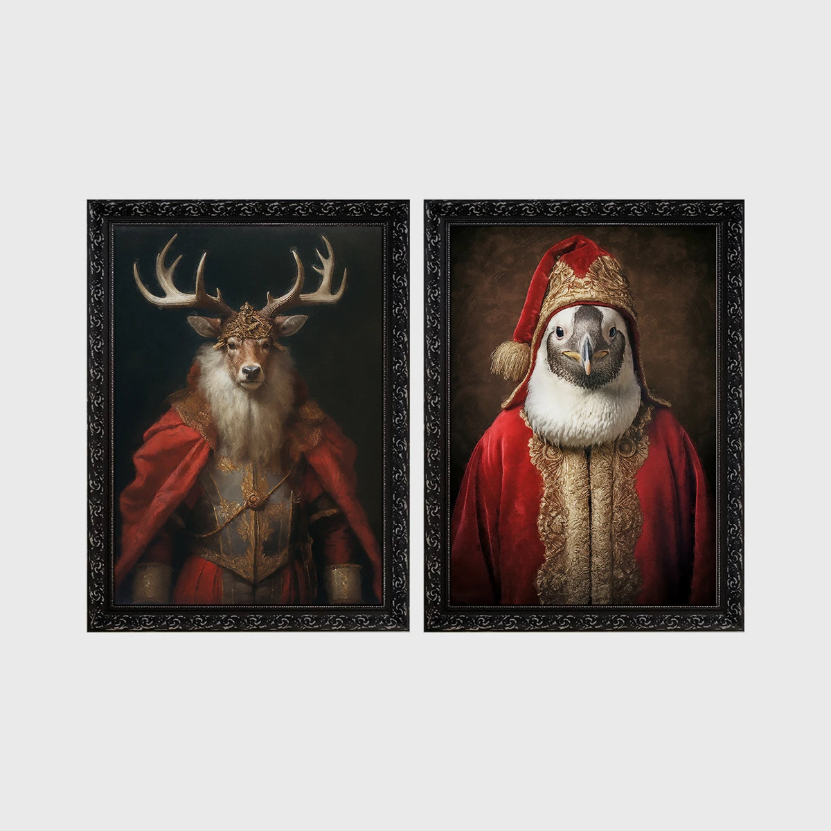 Set of 2 framed prints, animals in festive Christmas dress: a stag in a crowned festive red velvet robe; and a bird in a Santa-style red and gold robe with a hat — unframed