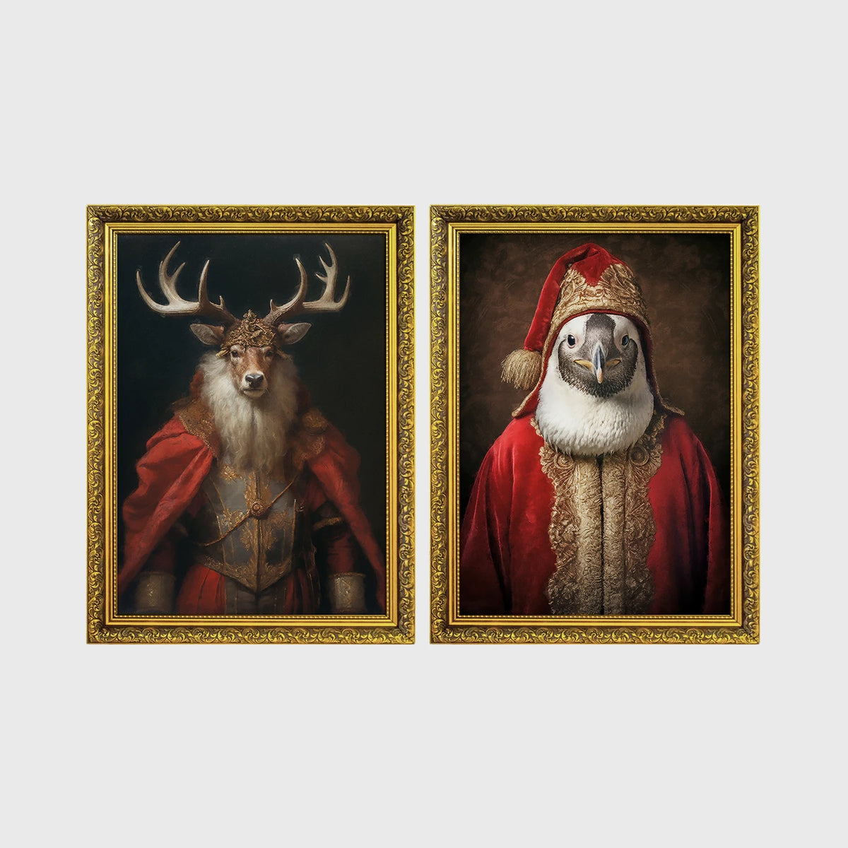 Set of 2 framed prints, animals in festive Christmas dress: a stag in a crowned festive red velvet robe; and a bird in a Santa-style red and gold robe with a hat — unframed