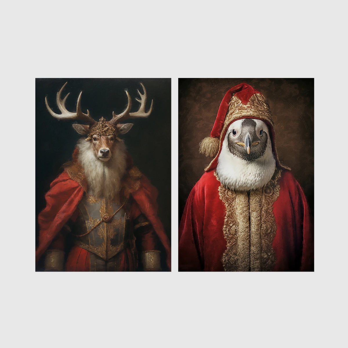 Set of 2 framed prints, animals in festive Christmas dress: a stag in a crowned festive red velvet robe; and a bird in a Santa-style red and gold robe with a hat — unframed