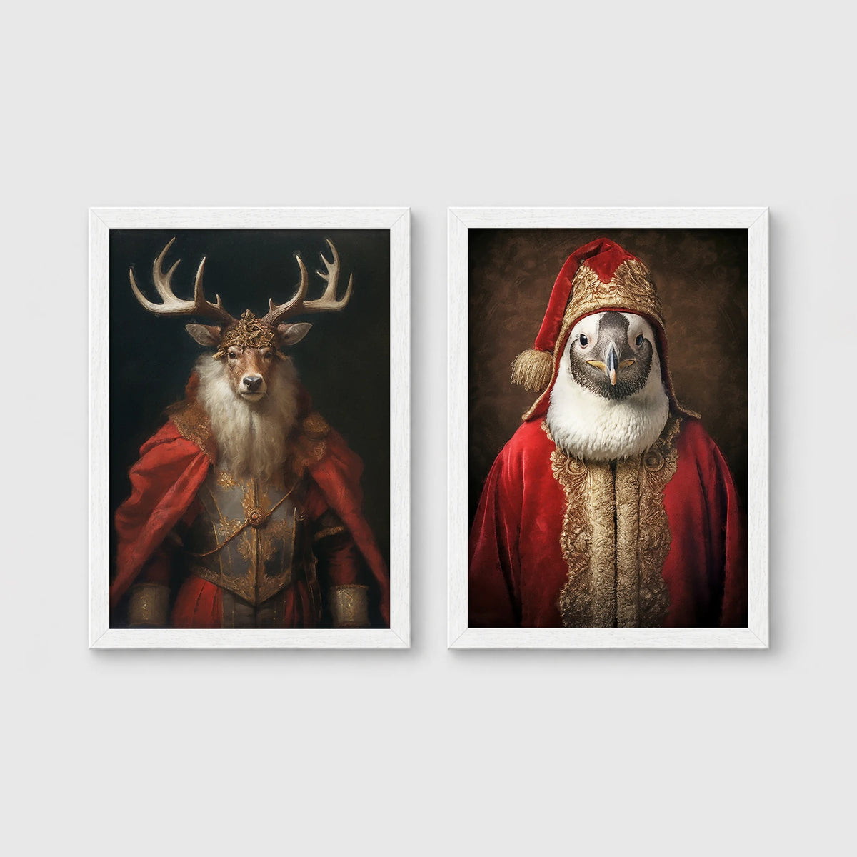 Set of 2 framed prints, animals in festive Christmas dress: a stag in a crowned festive red velvet robe; and a bird in a Santa-style red and gold robe with a hat — unframed