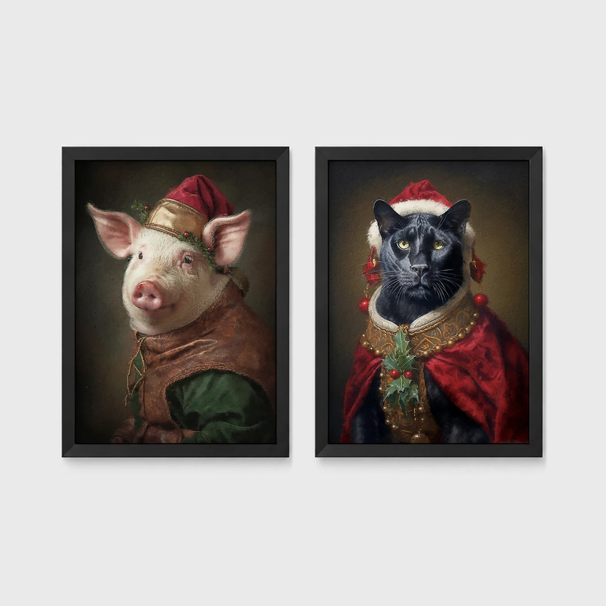 Set of 2 framed prints, animals in festive Christmas dress: a pig in a festive noble robe with a holly hat; and a panther in a festive red and gold robe with holly — unframed