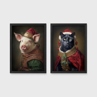 Set of 2 framed prints, animals in festive Christmas dress: a pig in a festive noble robe with a holly hat; and a panther in a festive red and gold robe with holly — unframed