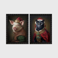 Set of 2 framed prints, animals in festive Christmas dress: a pig in a festive noble robe with a holly hat; and a panther in a festive red and gold robe with holly — unframed
