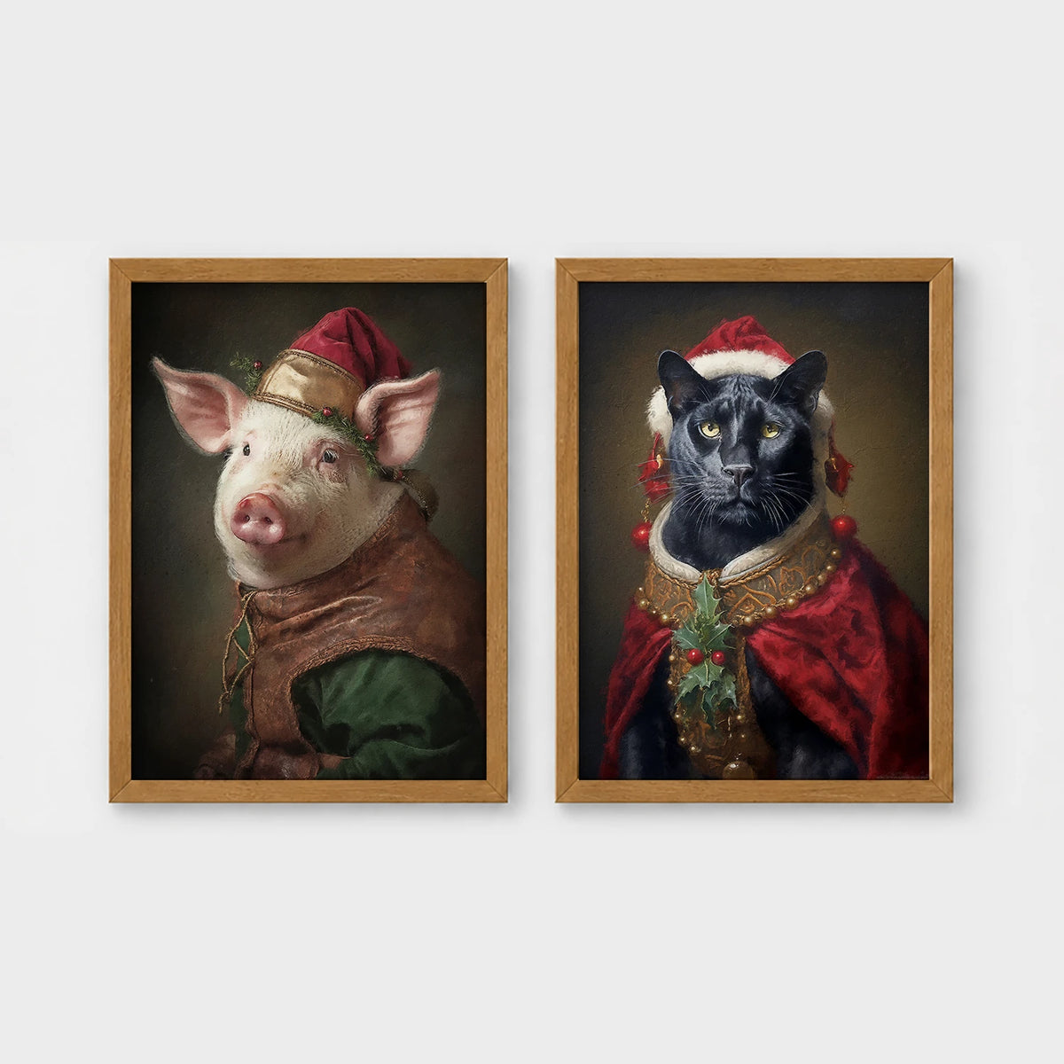 Set of 2 framed prints, animals in festive Christmas dress: a pig in a festive noble robe with a holly hat; and a panther in a festive red and gold robe with holly — unframed