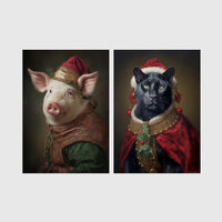 Set of 2 framed prints, animals in festive Christmas dress: a pig in a festive noble robe with a holly hat; and a panther in a festive red and gold robe with holly — unframed