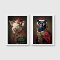 Set of 2 framed prints, animals in festive Christmas dress: a pig in a festive noble robe with a holly hat; and a panther in a festive red and gold robe with holly — unframed