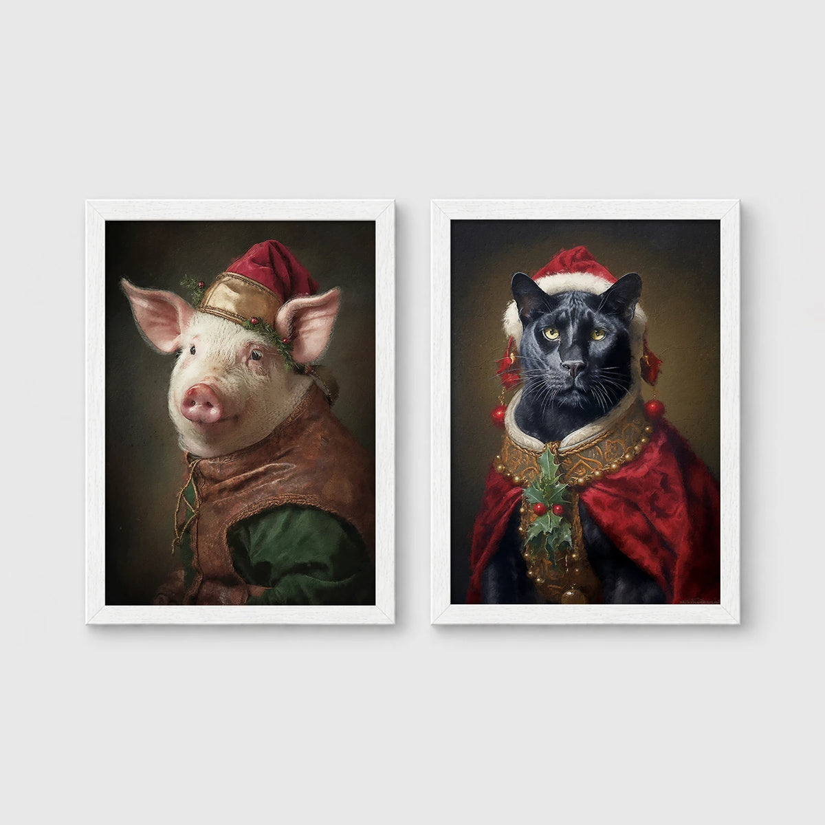 Set of 2 framed prints, animals in festive Christmas dress: a pig in a festive noble robe with a holly hat; and a panther in a festive red and gold robe with holly — unframed