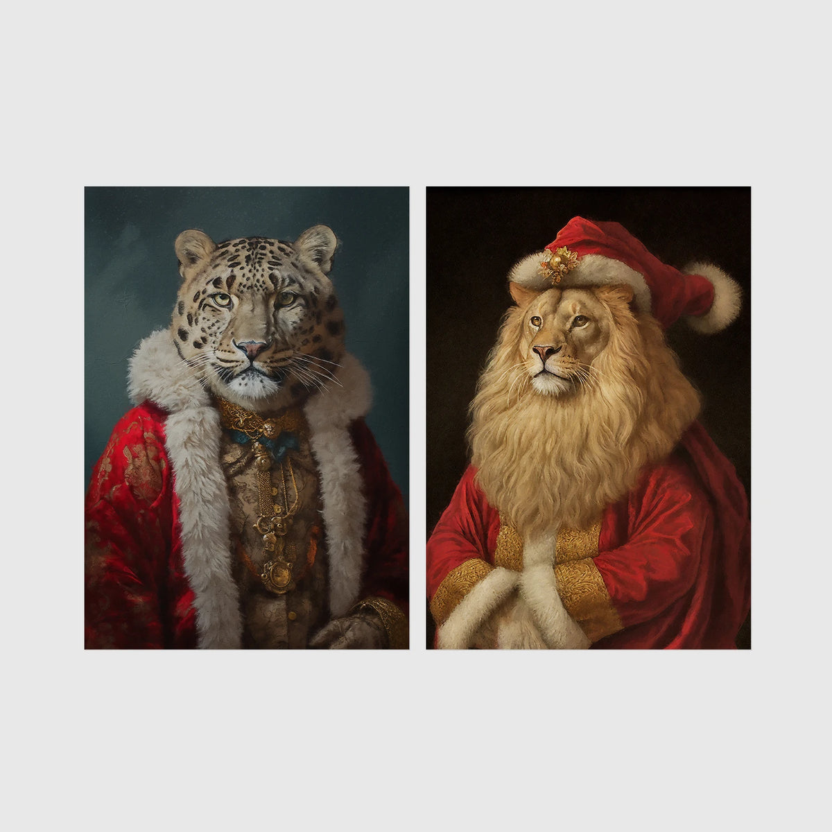 Set of 2 framed prints, animals in festive Christmas dress: a snow leopard in a festive red and gold robe; and a lion in a full Santa outfit — unframed