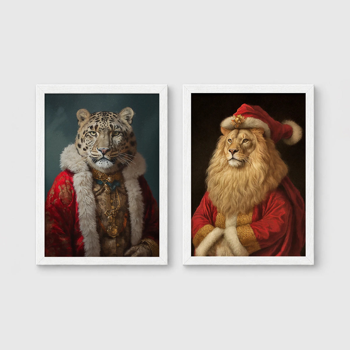 Set of 2 framed prints, animals in festive Christmas dress: a snow leopard in a festive red and gold robe; and a lion in a full Santa outfit — unframed