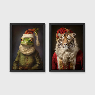 Set of 2 framed prints, animals in festive Christmas dress: a frog in a green festive outfit with a Santa-style hat; and a tiger with a Santa hat and white beard — unframed