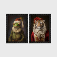 Set of 2 framed prints, animals in festive Christmas dress: a frog in a green festive outfit with a Santa-style hat; and a tiger with a Santa hat and white beard — unframed