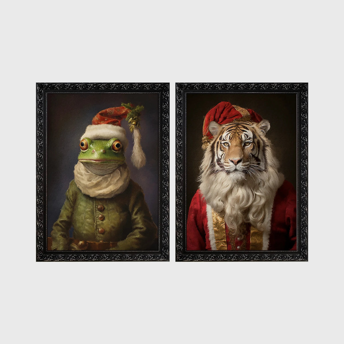Set of 2 framed prints, animals in festive Christmas dress: a frog in a green festive outfit with a Santa-style hat; and a tiger with a Santa hat and white beard — unframed