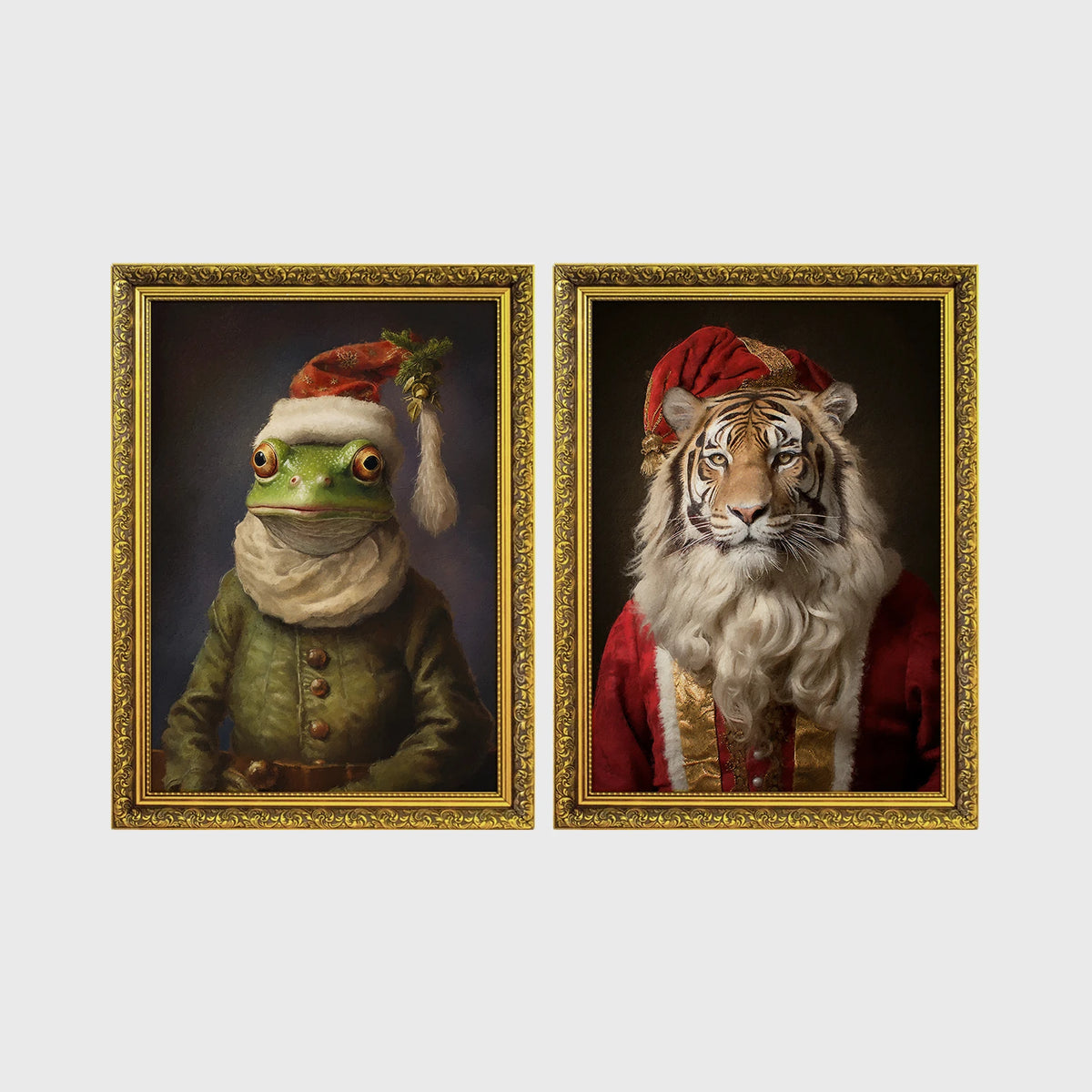 Set of 2 framed prints, animals in festive Christmas dress: a frog in a green festive outfit with a Santa-style hat; and a tiger with a Santa hat and white beard — unframed
