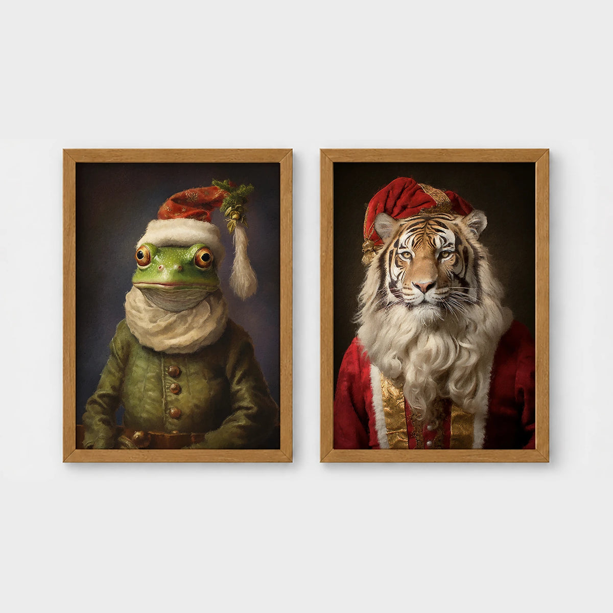 Set of 2 framed prints, animals in festive Christmas dress: a frog in a green festive outfit with a Santa-style hat; and a tiger with a Santa hat and white beard — unframed