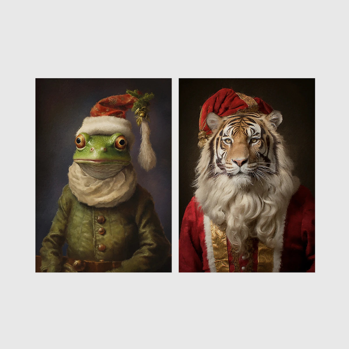 Set of 2 framed prints, animals in festive Christmas dress: a frog in a green festive outfit with a Santa-style hat; and a tiger with a Santa hat and white beard — unframed