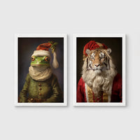 Set of 2 framed prints, animals in festive Christmas dress: a frog in a green festive outfit with a Santa-style hat; and a tiger with a Santa hat and white beard — unframed