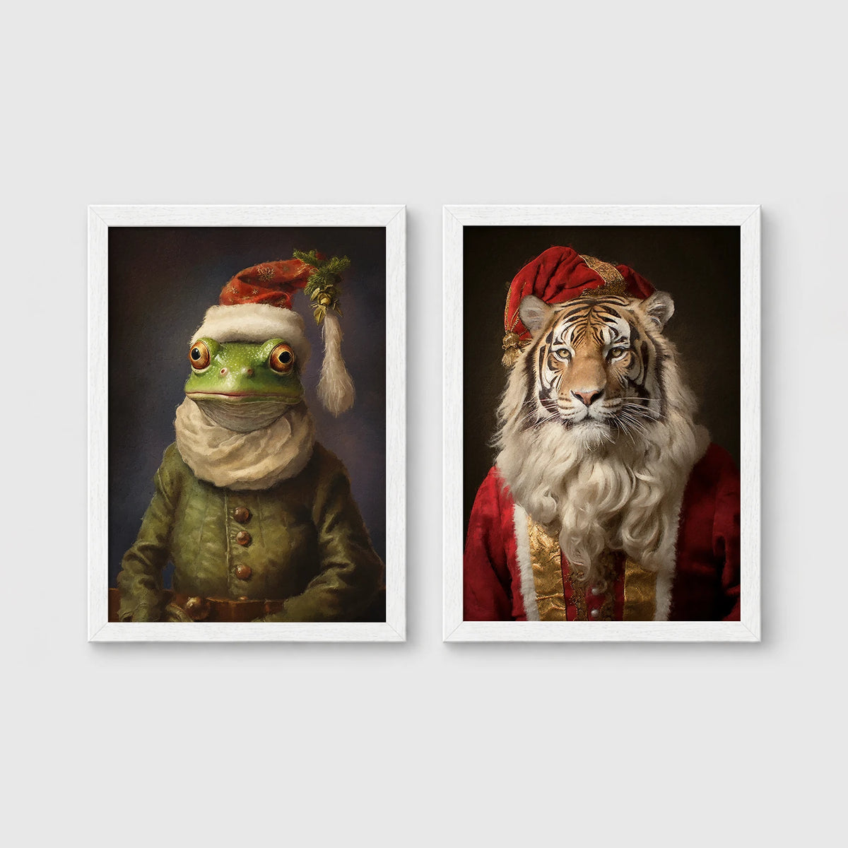 Set of 2 framed prints, animals in festive Christmas dress: a frog in a green festive outfit with a Santa-style hat; and a tiger with a Santa hat and white beard — unframed