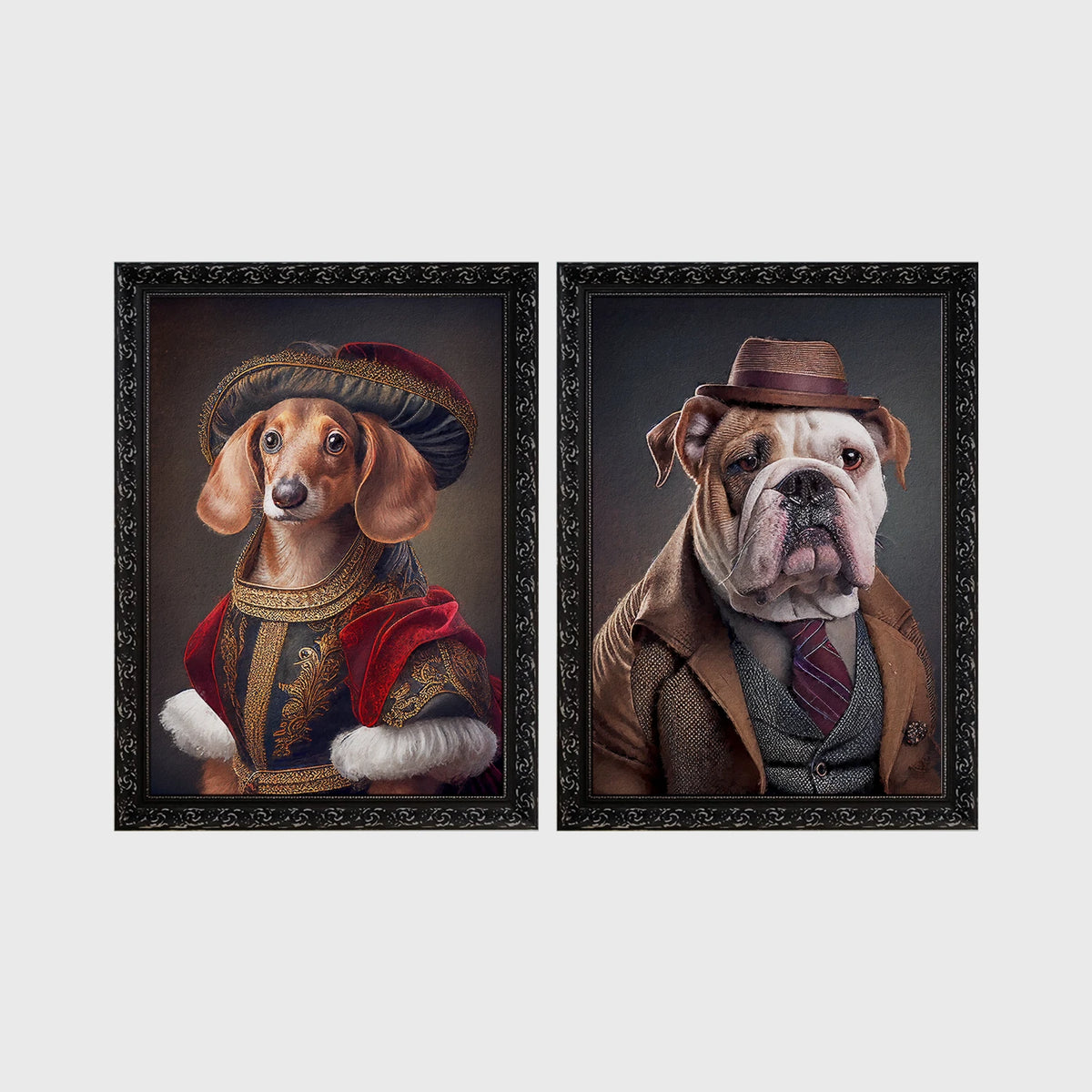Set of 2 framed prints, dogs in period/character dress: a dachshund in noble red velvet dress and a hat; and an English bulldog in a tweed suit and hat — unframed