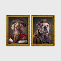 Set of 2 framed prints, dogs in period/character dress: a dachshund in noble red velvet dress and a hat; and an English bulldog in a tweed suit and hat — unframed