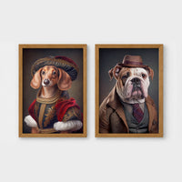 Set of 2 framed prints, dogs in period/character dress: a dachshund in noble red velvet dress and a hat; and an English bulldog in a tweed suit and hat — unframed