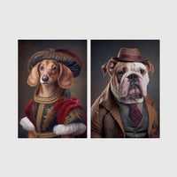 Set of 2 framed prints, dogs in period/character dress: a dachshund in noble red velvet dress and a hat; and an English bulldog in a tweed suit and hat — unframed