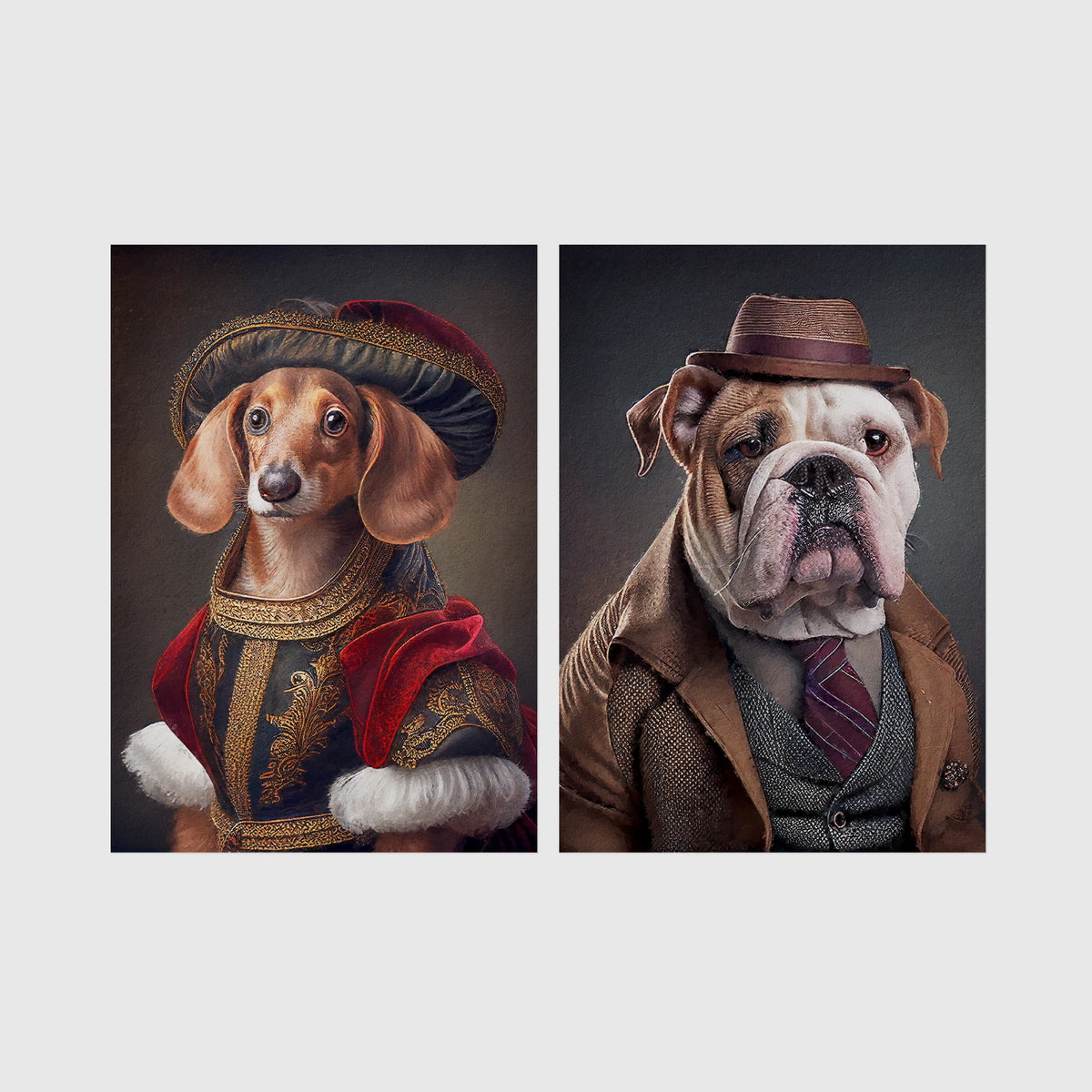 Set of 2 framed prints, dogs in period/character dress: a dachshund in noble red velvet dress and a hat; and an English bulldog in a tweed suit and hat — unframed