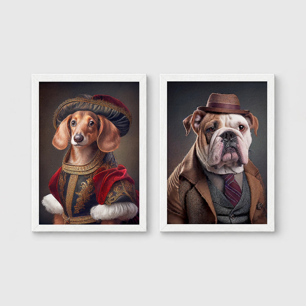 Set of 2 framed prints, dogs in period/character dress: a dachshund in noble red velvet dress and a hat; and an English bulldog in a tweed suit and hat — unframed