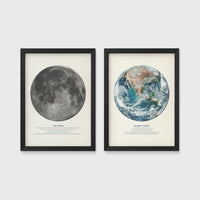 Set of 2 framed prints, educational space illustrations: "The Moon", a captioned lunar illustration; and "Planet Earth", a captioned illustration from space — unframed