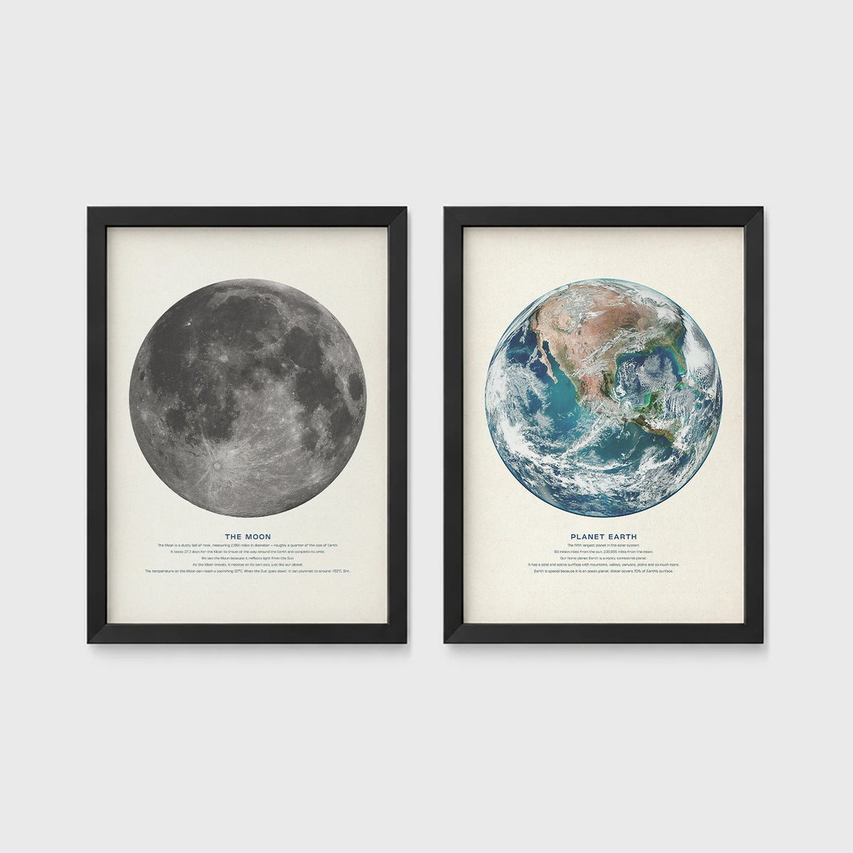 Set of 2 framed prints, educational space illustrations: "The Moon", a captioned lunar illustration; and "Planet Earth", a captioned illustration from space — unframed