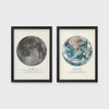 Set of 2 framed prints, educational space illustrations: "The Moon", a captioned lunar illustration; and "Planet Earth", a captioned illustration from space — unframed