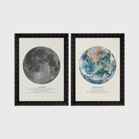 Set of 2 framed prints, educational space illustrations: "The Moon", a captioned lunar illustration; and "Planet Earth", a captioned illustration from space — unframed