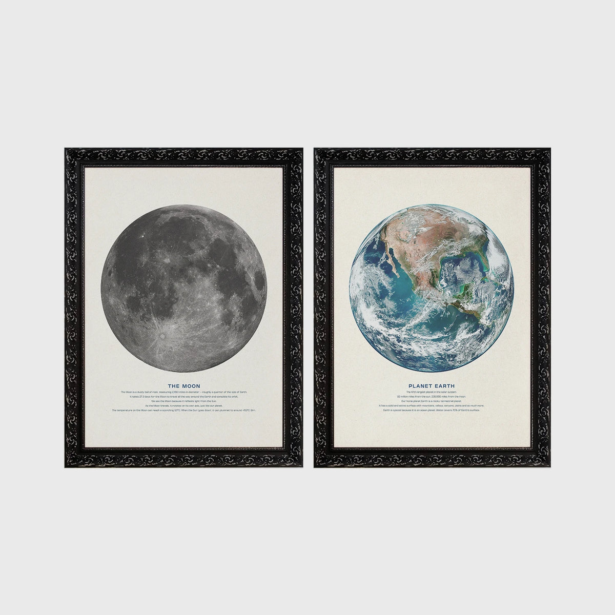 Set of 2 framed prints, educational space illustrations: "The Moon", a captioned lunar illustration; and "Planet Earth", a captioned illustration from space — unframed