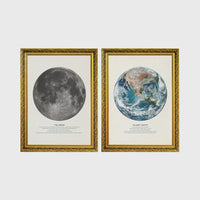 Set of 2 framed prints, educational space illustrations: "The Moon", a captioned lunar illustration; and "Planet Earth", a captioned illustration from space — unframed
