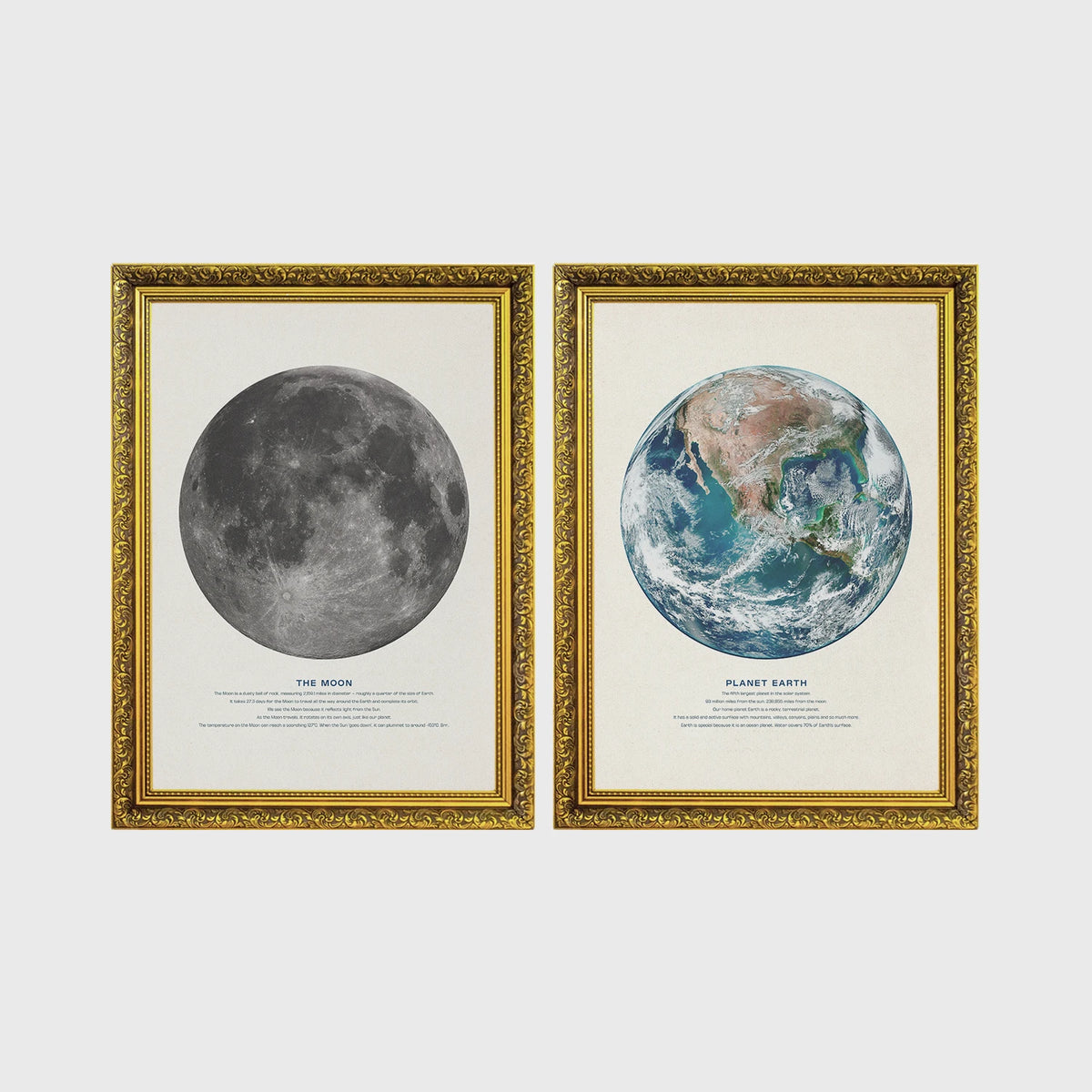 Set of 2 framed prints, educational space illustrations: "The Moon", a captioned lunar illustration; and "Planet Earth", a captioned illustration from space — unframed