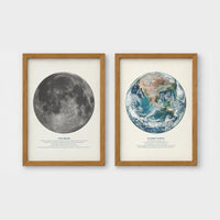 Set of 2 framed prints, educational space illustrations: "The Moon", a captioned lunar illustration; and "Planet Earth", a captioned illustration from space — unframed