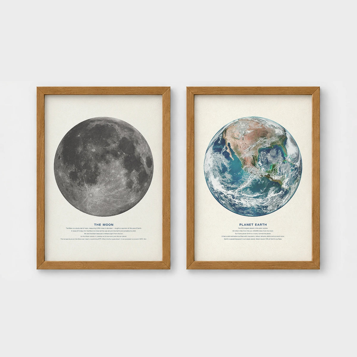 Set of 2 framed prints, educational space illustrations: "The Moon", a captioned lunar illustration; and "Planet Earth", a captioned illustration from space — unframed