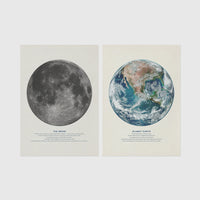 Set of 2 framed prints, educational space illustrations: "The Moon", a captioned lunar illustration; and "Planet Earth", a captioned illustration from space — unframed