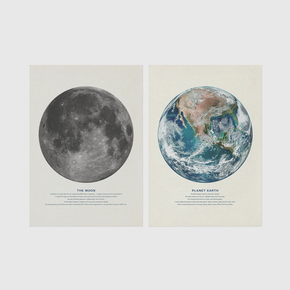 Set of 2 framed prints, educational space illustrations: "The Moon", a captioned lunar illustration; and "Planet Earth", a captioned illustration from space — unframed